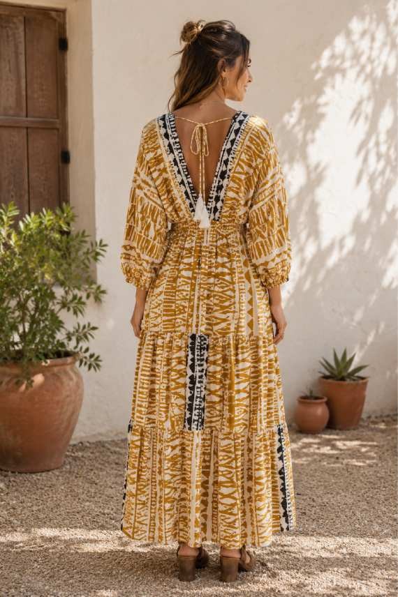 Vestido Largo Algodón Estampado Étnico