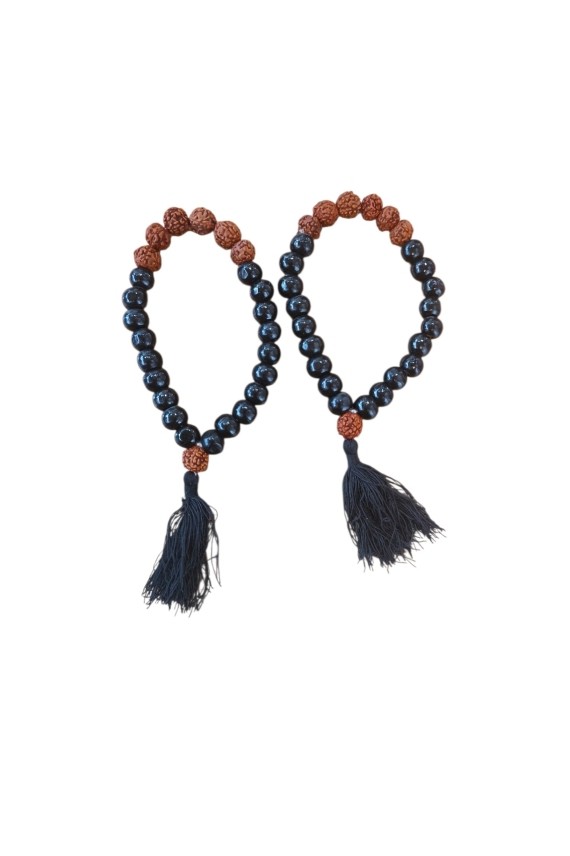 Pulsera Cuentas Madera y Rudraksha con Borla