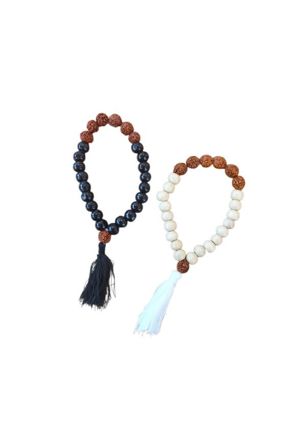 Pulsera Cuentas Madera y Rudraksha con Borla