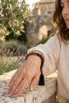 Pulsera Cuentas Madera y Rudraksha con Borla
