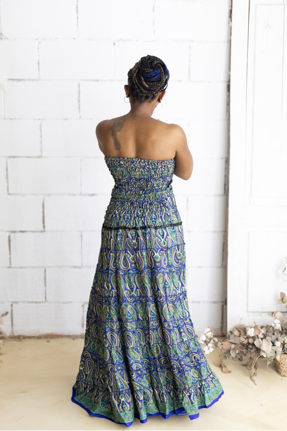 Vestido largo palabra de honor Olas del Andamán Azul