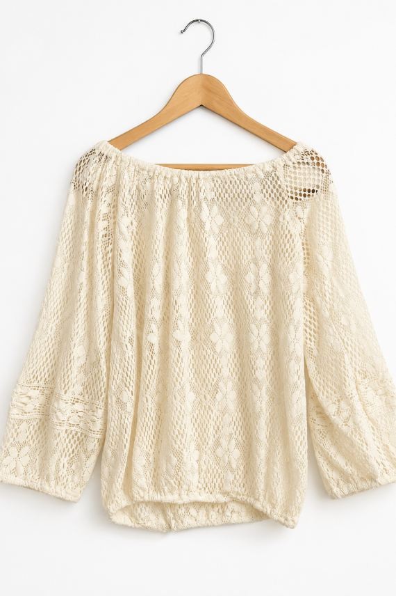 Blusa Boho de Algodón con Encaje Floral y Detalles de Conchas Blanca