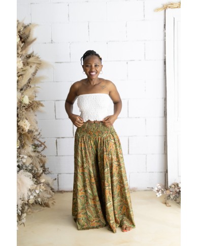Falda pantalón larga de Art Silk con estampado sari en tonos verdes, naranjas y rojizos