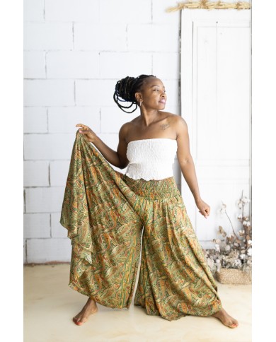 Falda pantalón larga de Art Silk con estampado sari en tonos verdes, naranjas y rojizos