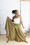Falda pantalón larga de Art Silk con estampado sari en tonos verdes, naranjas y rojizos