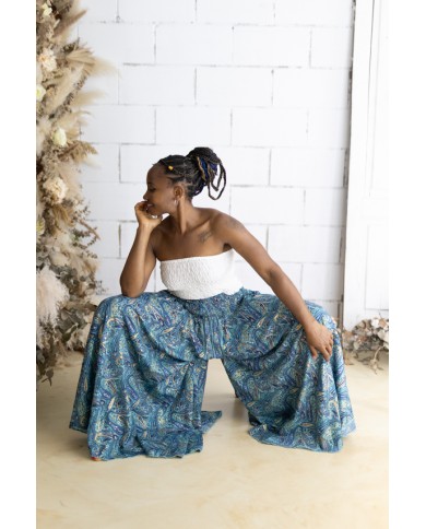Falda pantalón larga de Art Silk con estampado sari en tonos azul índigo y azul turquesa