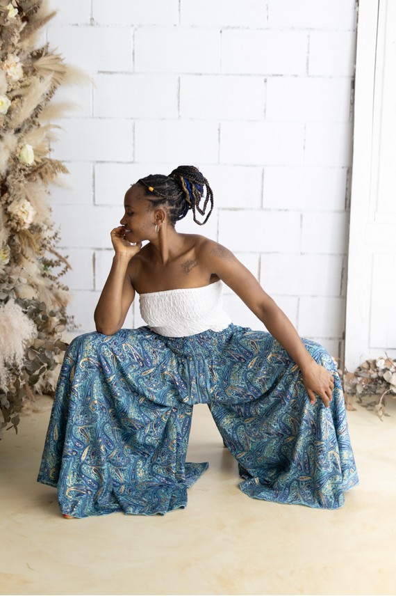 Falda pantalón larga de Art Silk con estampado sari en tonos azul índigo y azul turquesa