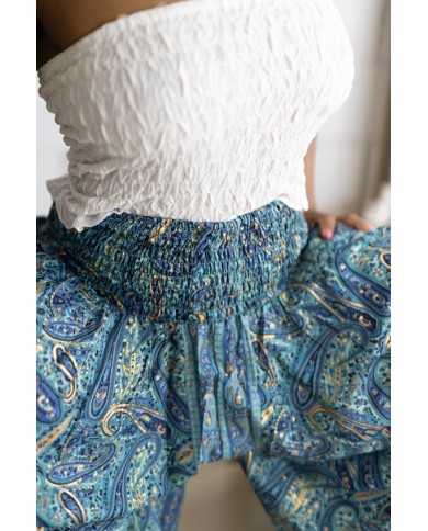 Falda pantalón larga de Art Silk con estampado sari en tonos azul índigo y azul turquesa