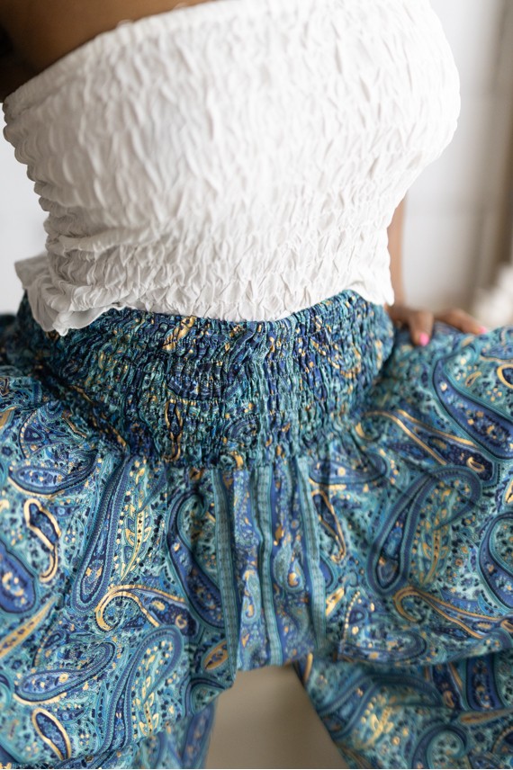 Falda pantalón larga de Art Silk con estampado sari en tonos azul índigo y azul turquesa