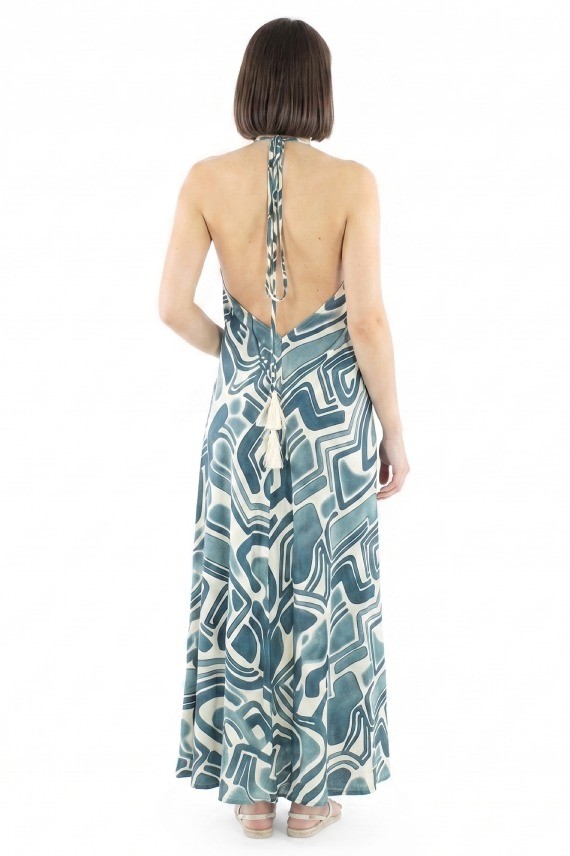 Vestido largo de viscosa 100% con estampado grafiti azul denim, espalda descubierta y cordón multiposición