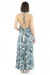 Vestido largo de viscosa 100% con estampado grafiti azul denim, espalda descubierta y cordón multiposición
