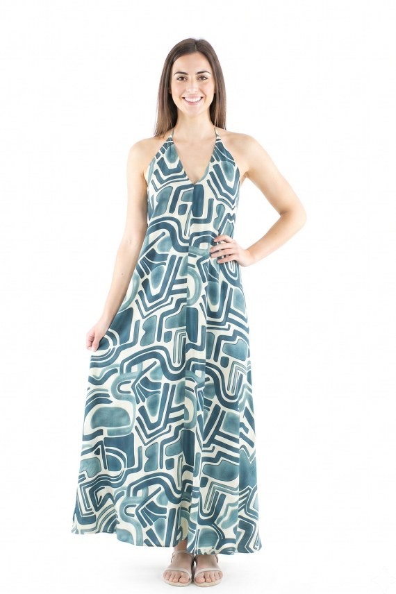 Vestido largo de viscosa 100% con estampado grafiti azul denim, espalda descubierta y cordón multiposición