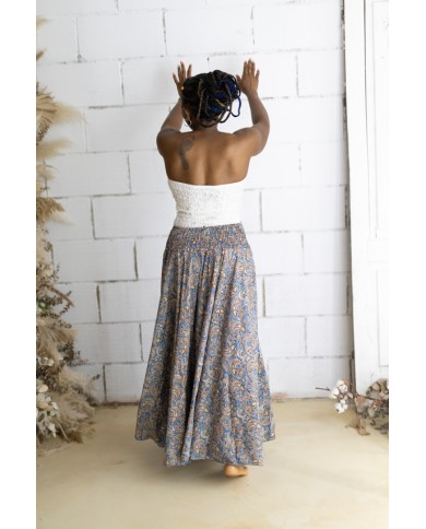 Pantalón palazzo de seda y viscosa con estampado cachemir en tonos azul petróleo, beige y camel, cintura  con espejos boho chic.