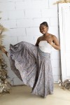 Pantalón palazzo de seda y viscosa con estampado cachemir en tonos azul petróleo, beige y camel, cintura  con espejos boho chic.