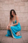 Vestido largo de bambula azul turquesa con crochet artesanal y estilo boho Samarkanda.