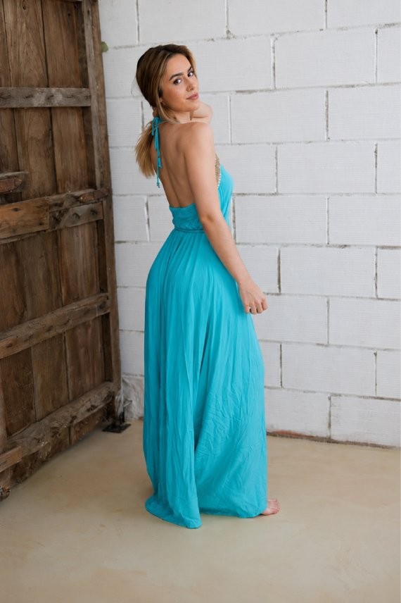 Vestido de bambula turquesa con espalda descubierta y diseño boho chic Samarkanda.