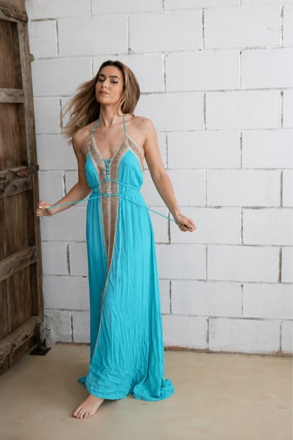 Vestido de bambula turquesa con espalda descubierta y diseño boho chic Samarkanda.
