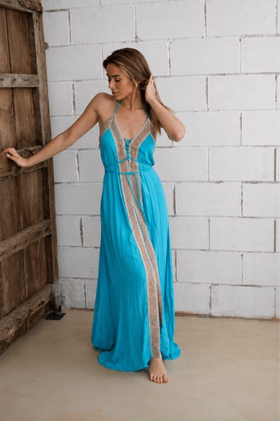Vestido de bambula turquesa con espalda descubierta y diseño boho chic Samarkanda.