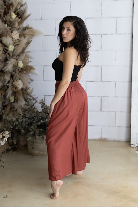 Pantalón palazzo de viscosa color teja fluido para mujer estilo boho chic Samarkanda
