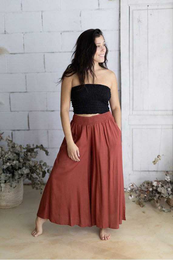 Pantalón palazzo de viscosa color teja fluido para mujer estilo boho chic Samarkanda