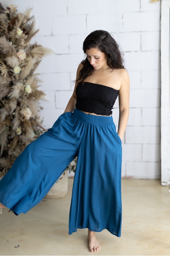 Pantalón palazzo de viscosa azul petróleo ancho y fluido para mujer estilo boho chic Samarkanda