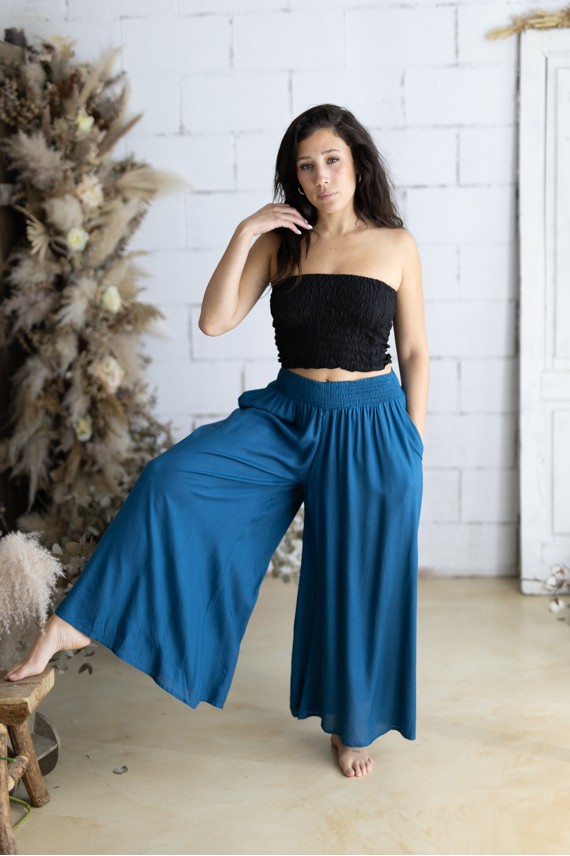 Pantalón palazzo de viscosa azul petróleo ancho y fluido para mujer estilo boho chic Samarkanda
