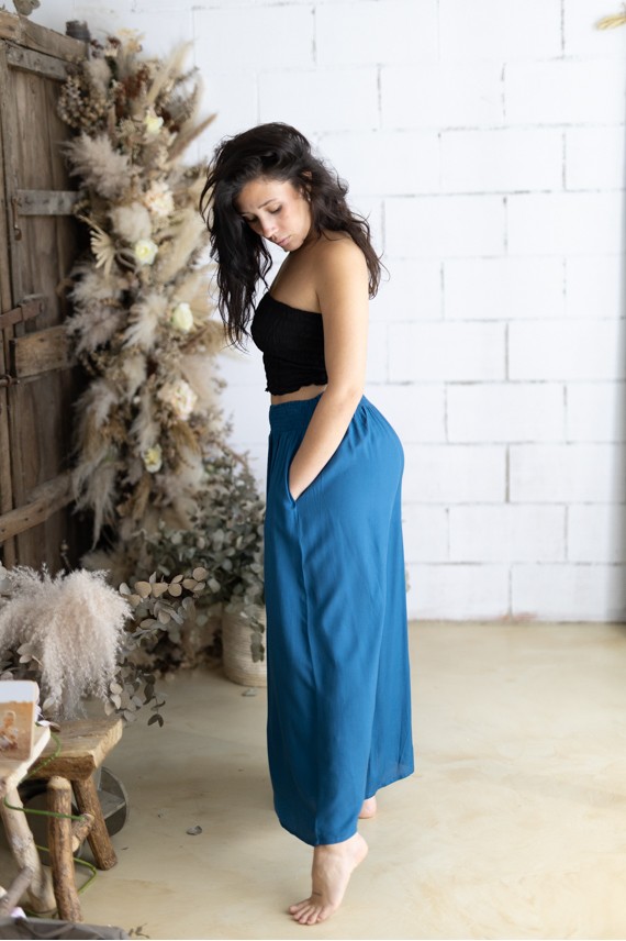 Pantalón palazzo de viscosa azul petróleo ancho y fluido para mujer estilo boho chic Samarkanda