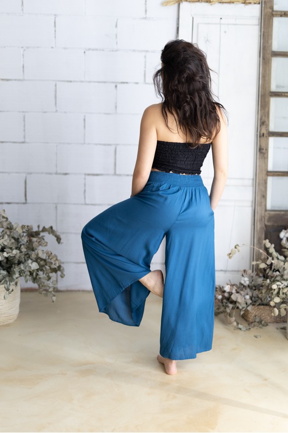 Pantalón palazzo de viscosa azul petróleo ancho y fluido para mujer estilo boho chic Samarkanda