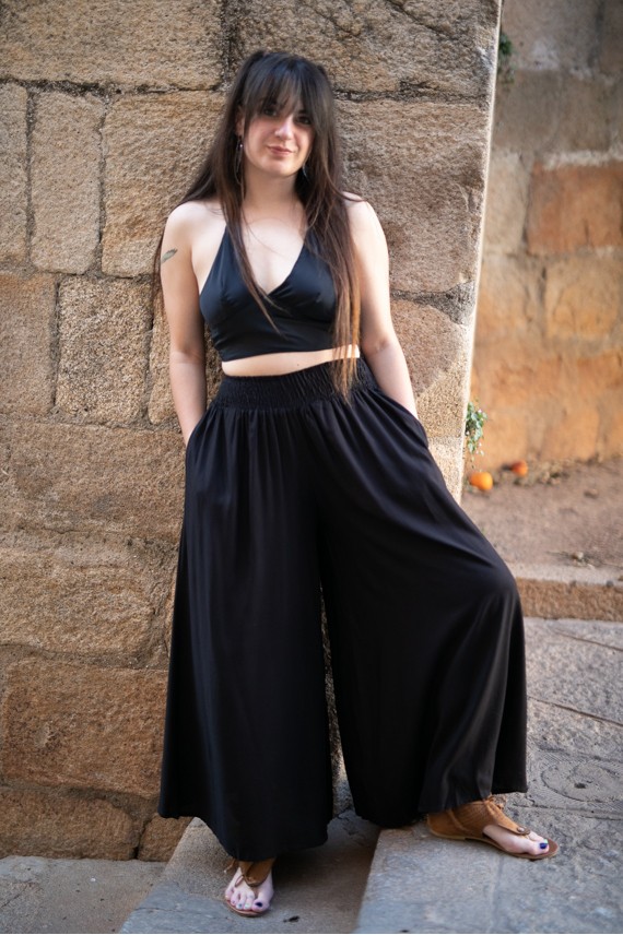 Pantalón Palazzo Viscosa Negro Cintura elástica