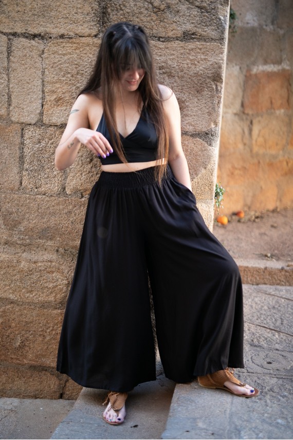 Pantalón Palazzo Viscosa Negro Cintura elástica