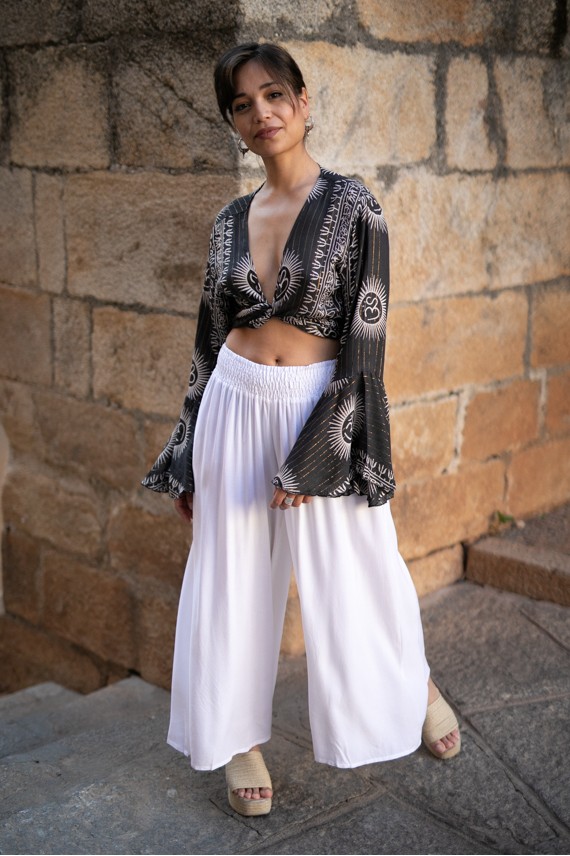 Pantalón Palazzo Viscosa Blanco Cintura elástica