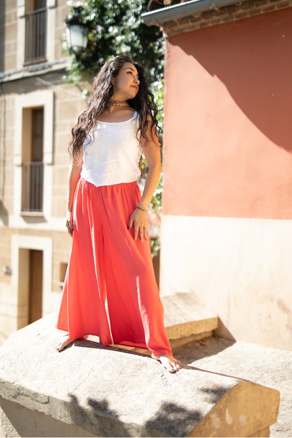 Pantalón Palazzo Viscosa Naranja Cintura elástica