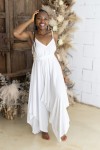 Peto largo de viscosa liso blanco con tirantes ajustables y pantalón estilo fular, moda boho chic Samarkanda.