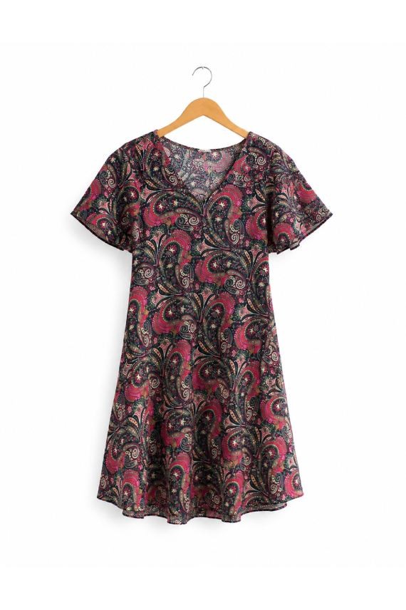 Vestido de poliéster estampado sari con bolsillos laterales, escote en pico, manga corta y corte evasé de estilo boho chic