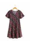 Vestido de poliéster estampado sari con bolsillos laterales, escote en pico, manga corta y corte evasé de estilo boho chic