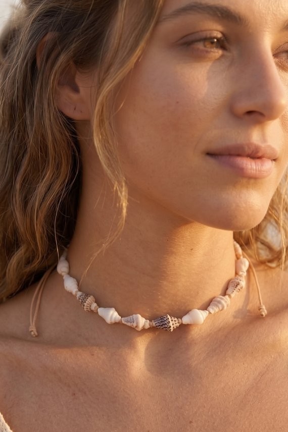 Conjunto de collar y pulsera de conchas naturales con cordón ajustable, bisutería artesanal de estilo boho inspirada en el mar.