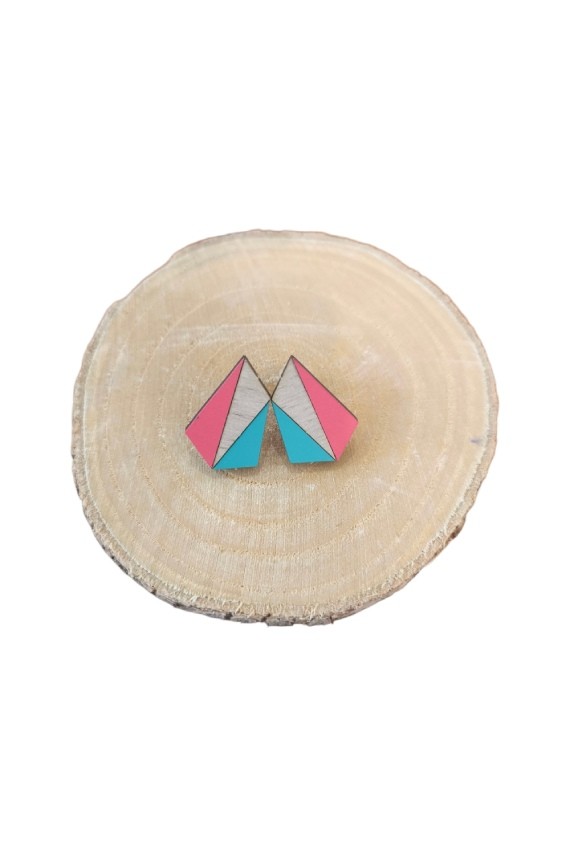 Pendientes de madera geométricos multicolor de 2 cm, ligeros, artesanales y de estilo boho contemporáneo.