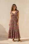 Vestido largo estampado sari color fucsia de poliéster con escote en pico, cintura elástica y estilo boho chic para mujer.