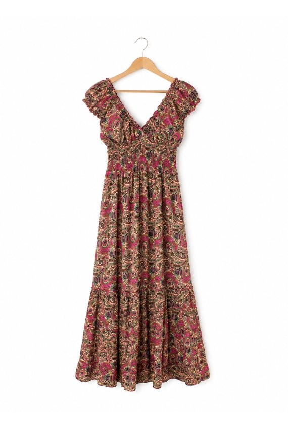 Vestido largo estampado sari color fucsia de poliéster con escote en pico, cintura elástica y estilo boho chic para mujer.