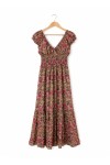 Vestido largo estampado sari color fucsia de poliéster con escote en pico, cintura elástica y estilo boho chic para mujer.