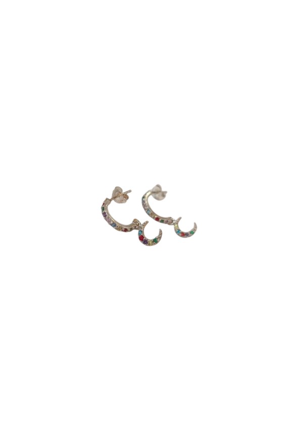 Pendientes de plata con criolla, luna colgante y circonitas multicolor, estilo boho de Samarkanda.