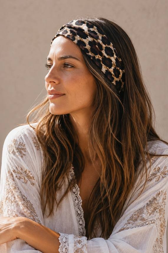 Cinta de pelo de algodón 100% con estampado leopardo, diadema artesanal de estilo boho para mujer.