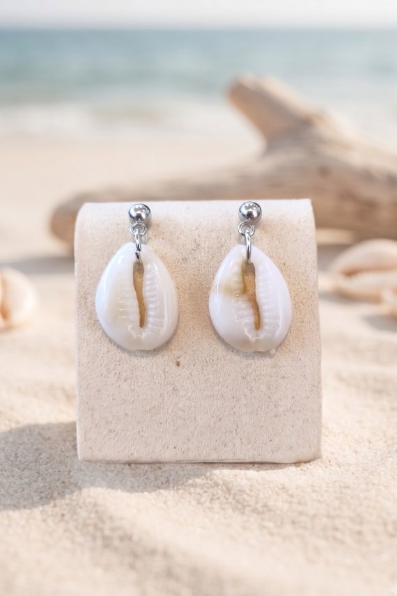 Pendientes de acero inoxidable con concha cauri blanca, joyería boho inspirada en el mar, ligeros y elegantes para mujer.