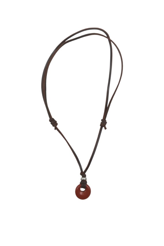 Collar unisex de cuero con piedra natural en forma de aro, estilo boho.