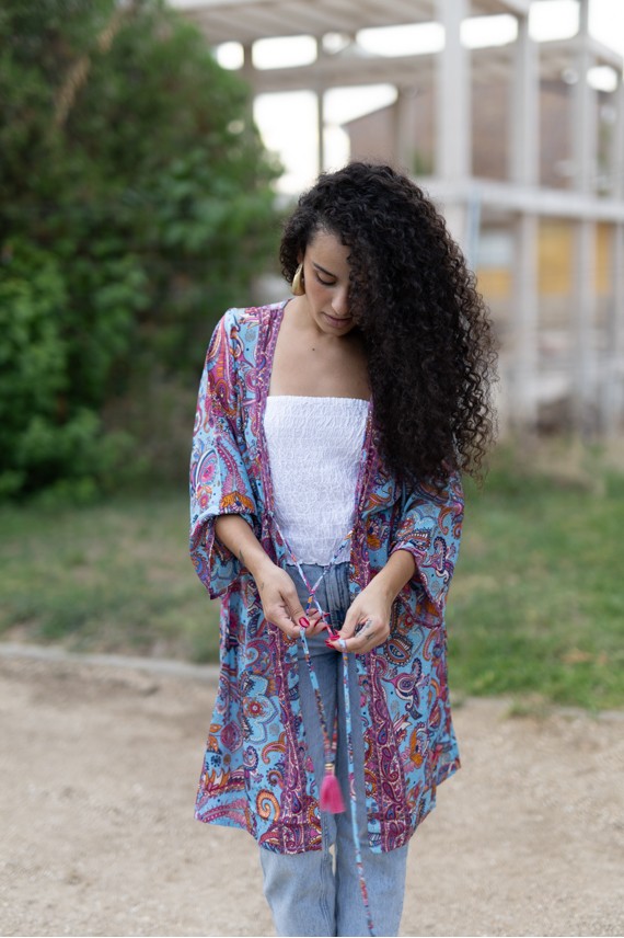 Kimono Boho Midi de Seda Sari Turquesa y Rosa Hilo Dorado