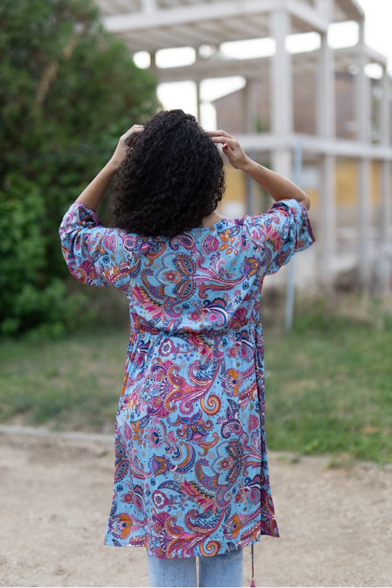 Kimono Boho Midi de Seda Sari Turquesa y Rosa Hilo Dorado