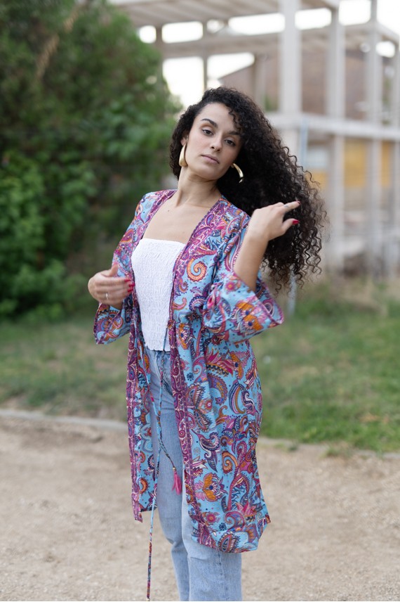 Kimono Boho Midi de Seda Sari Turquesa y Rosa Hilo Dorado