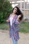 Kimono Boho Midi de Seda Sari Turquesa y Rosa Hilo Dorado