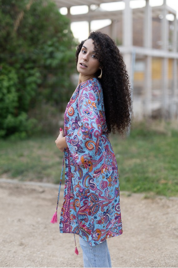 Kimono Boho Midi de Seda Sari Turquesa y Rosa Hilo Dorado