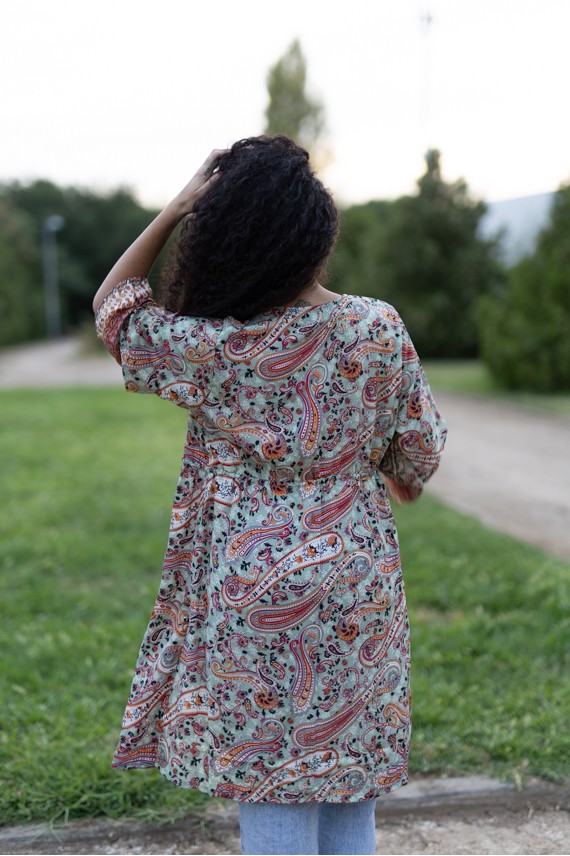 Kimono Boho Midi de Seda Sari con Hilo Dorado